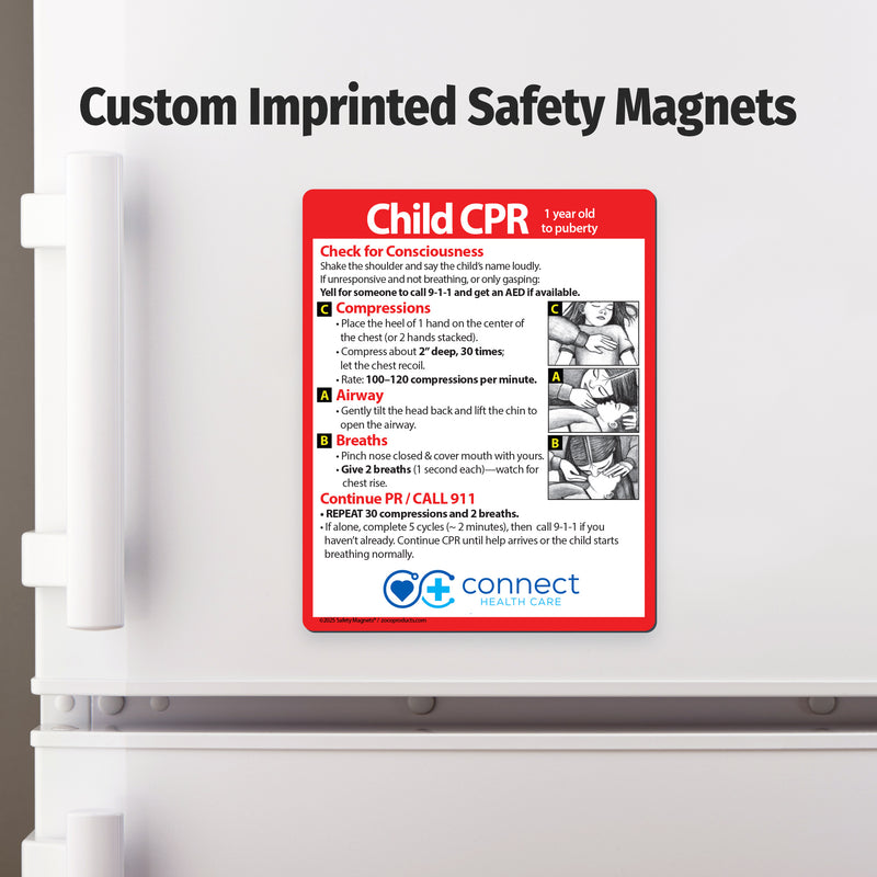 Child CPR safety magnet on a refrigerator door with 'Child CPR' text and 'connect' logo.