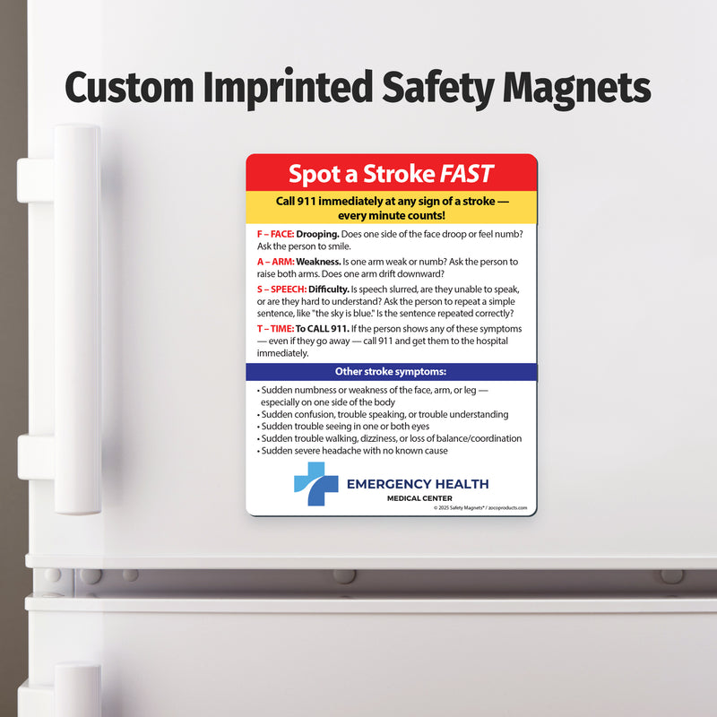 Safety magnet on a refrigerator door with 'Spot a Stroke FAST' information and Emergency Health logo.