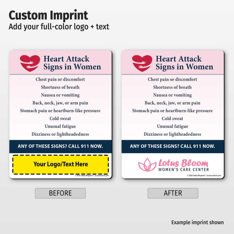 Heart Attack Signs in Women — Custom Safety Magnets — 4 × 5 — Minimum 100