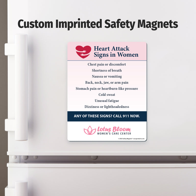 Safety magnet on a refrigerator door with information about heart attack signs in women.
