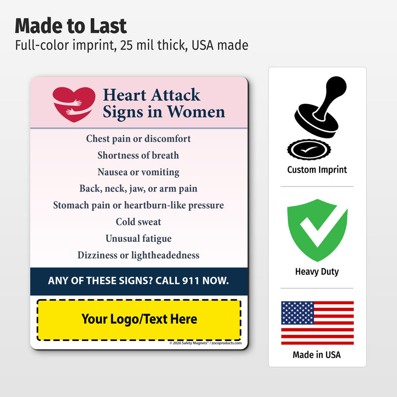 Heart Attack Signs in Women — Custom Safety Magnets — 4 × 5 — Minimum 100