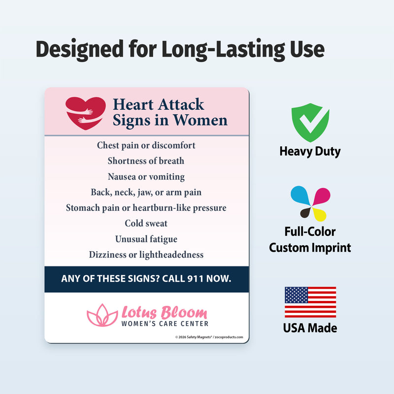 Heart attack signs in women card with Lotus Bloom branding on a light blue background