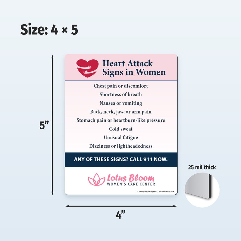 Heart Attack Signs in Women — Custom Safety Magnets — 4 × 5 — Minimum 100