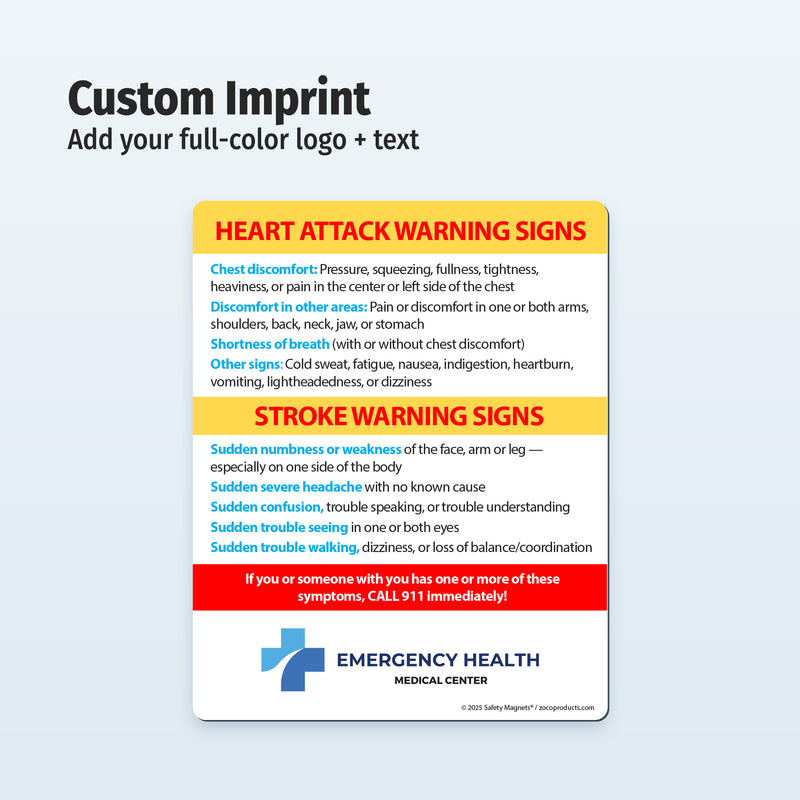 Heart attack and stroke warning signs with Emergency Health Medical Center branding on a light blue background.