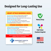 Heart attack and stroke warning signs with Emergency Health Medical Center branding on a light blue background.