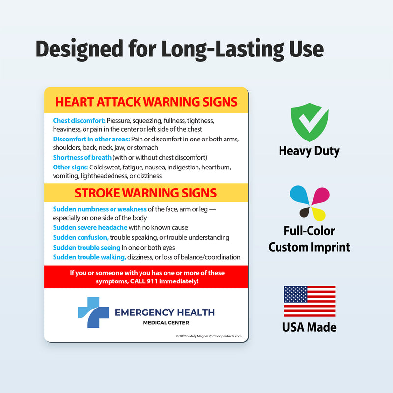 Heart attack and stroke warning signs with Emergency Health Medical Center branding on a light blue background.