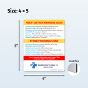 Heart attack and stroke warning signs with dimensions and Emergency Health Medical Center branding.
