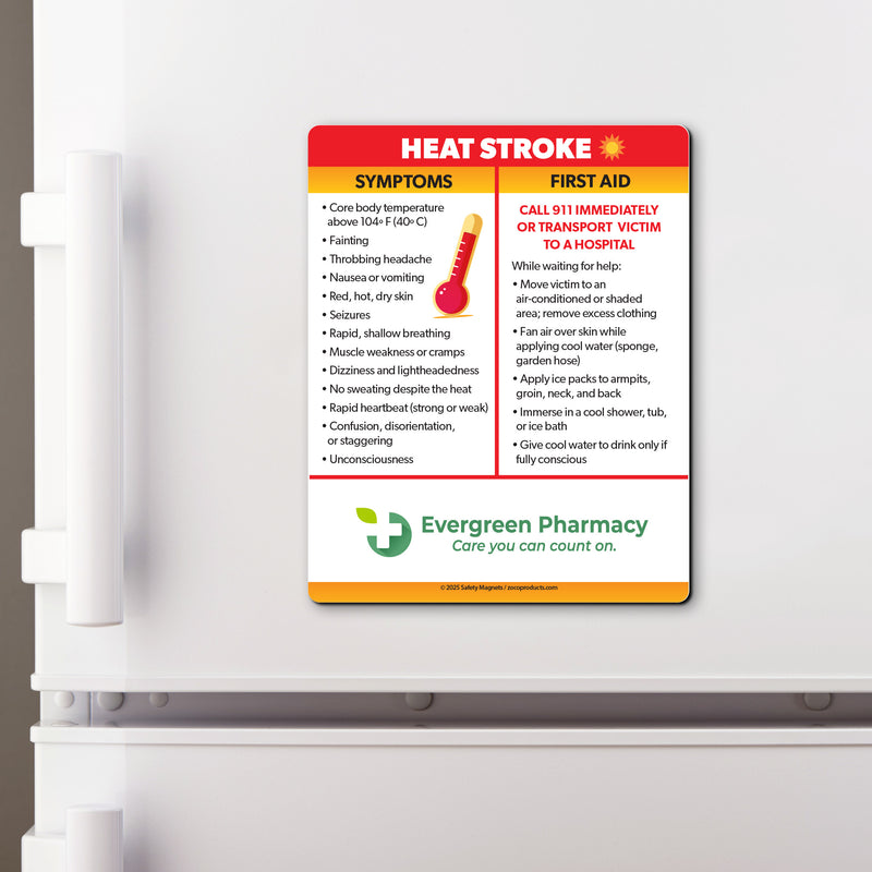 Heat Stroke Symptoms & First Aid — Custom Safety Magnets — 4 × 5 — Minimum 100