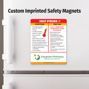 Custom imprinted safety magnet on a refrigerator door 