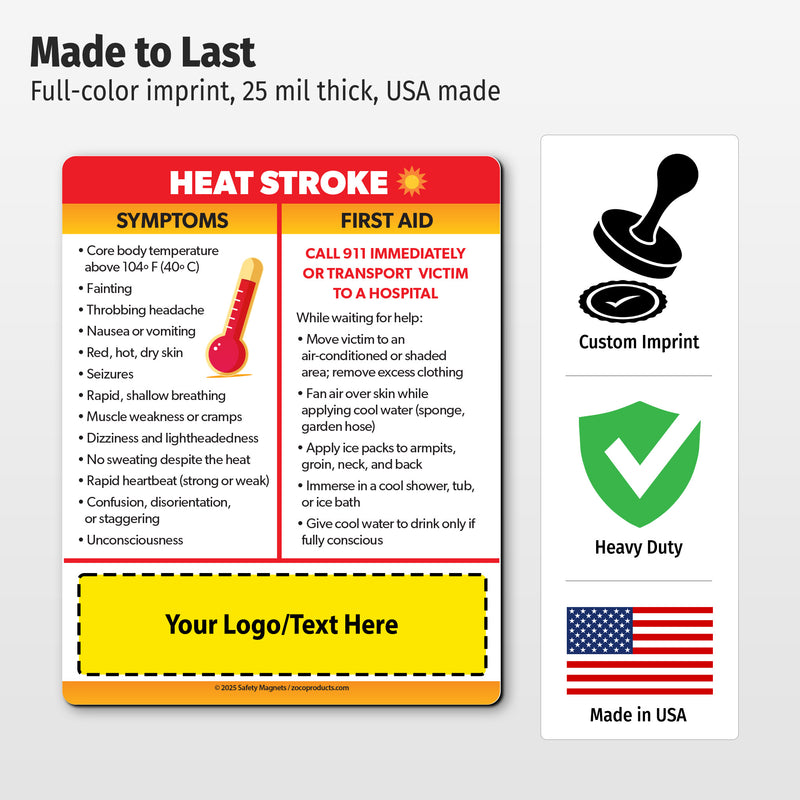 Heat Stroke Symptoms & First Aid — Custom Safety Magnets — 4 × 5 — Minimum 100