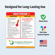 Heat stroke information magnet with symptoms and first aid instructions with a custom imprint