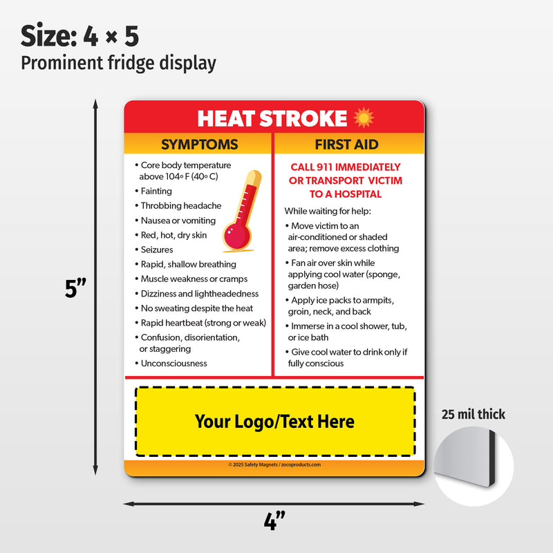 Heat Stroke Symptoms & First Aid — Custom Safety Magnets — 4 × 5 — Minimum 100