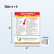 Heat stroke information magnet with custom logo and dimensions on a white background