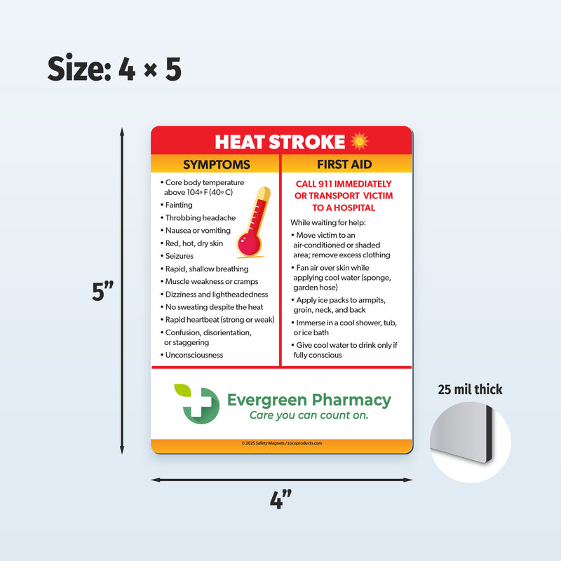 Heat stroke information magnet with custom logo and dimensions on a white background