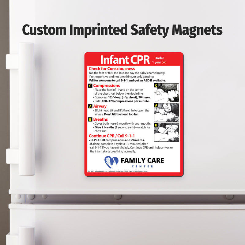 Custom Infant CPR Safety Magnet with instructions and illustrations 