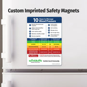 Custom-imprinted blood pressure magnet for hospitals, medical offices, senior care facilities, pharmacies, and health programs.