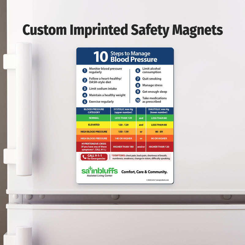Custom-imprinted blood pressure magnet for hospitals, medical offices, senior care facilities, pharmacies, and health programs.