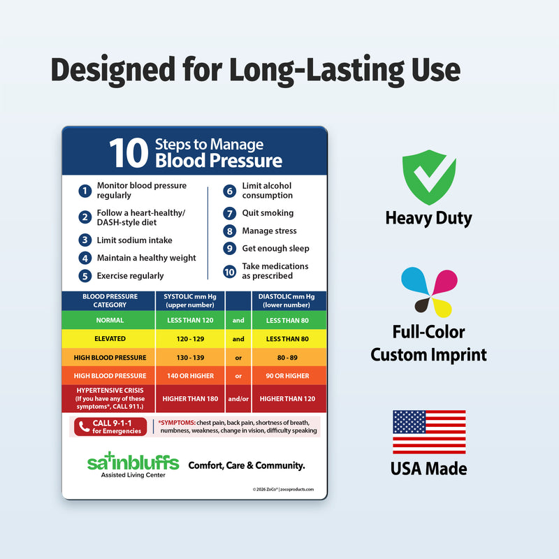 5 x 7 blood pressure reference magnet with practical tips for monitoring and managing high blood pressure.