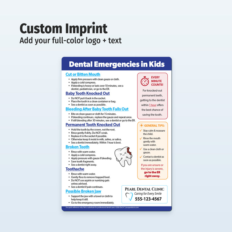 Dental emergencies promotional magnet with customizable branding on a white background