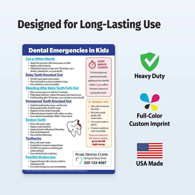 Informational magnet about dental emergencies in kids with a focus on heavy-duty, full-color custom imprint, and USA made.