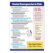 Informational magnet on dental emergencies for kids with text and icons.