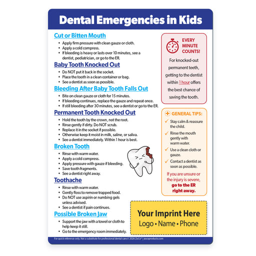 Informational magnet on dental emergencies for kids with text and icons.