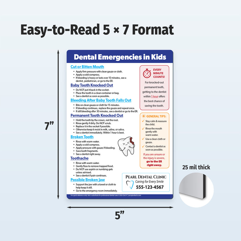 Informational magnet about dental emergencies in kids with dimensions and custom imprint