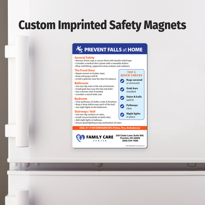Custom imprinted safety magnet on a refrigerator door with text and graphics.