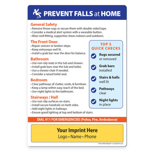 Safety checklist for preventing falls at home with checkmarks and text on a white background.