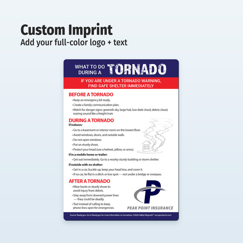 Informational magnet on what to do during a tornado with Insurance logo