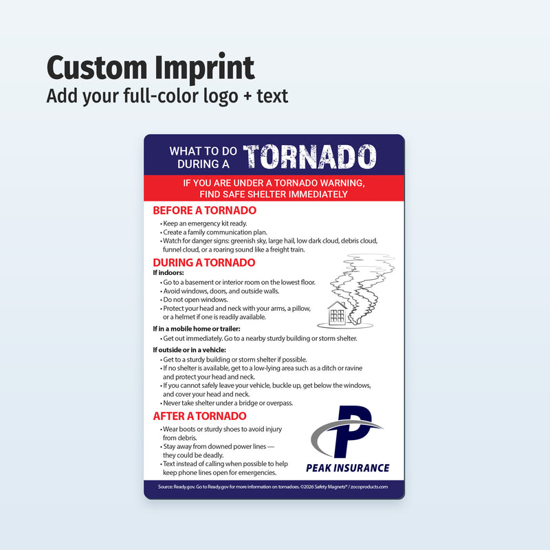 Custom tornado safety magnet with insurance agency logo and contact information