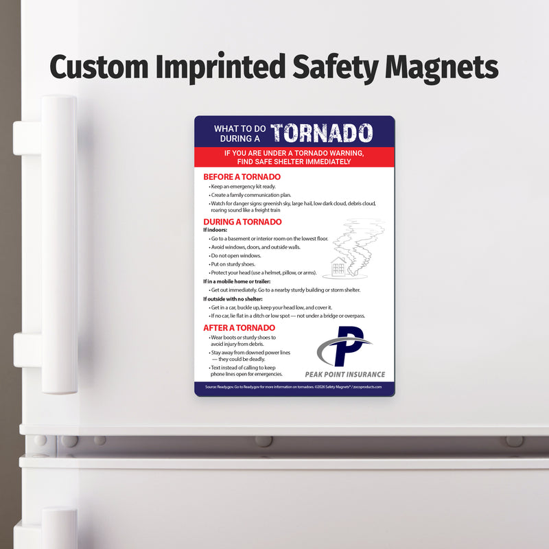 Safety magnet on a refrigerator door with text about tornado preparedness.