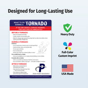 Informational magnet about tornado safety with Insurance branding on a light blue background.