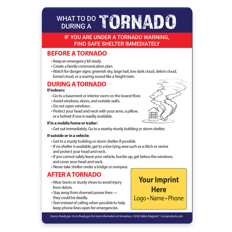 Tornado safety magnet with before, during and after tornado emergency instructions