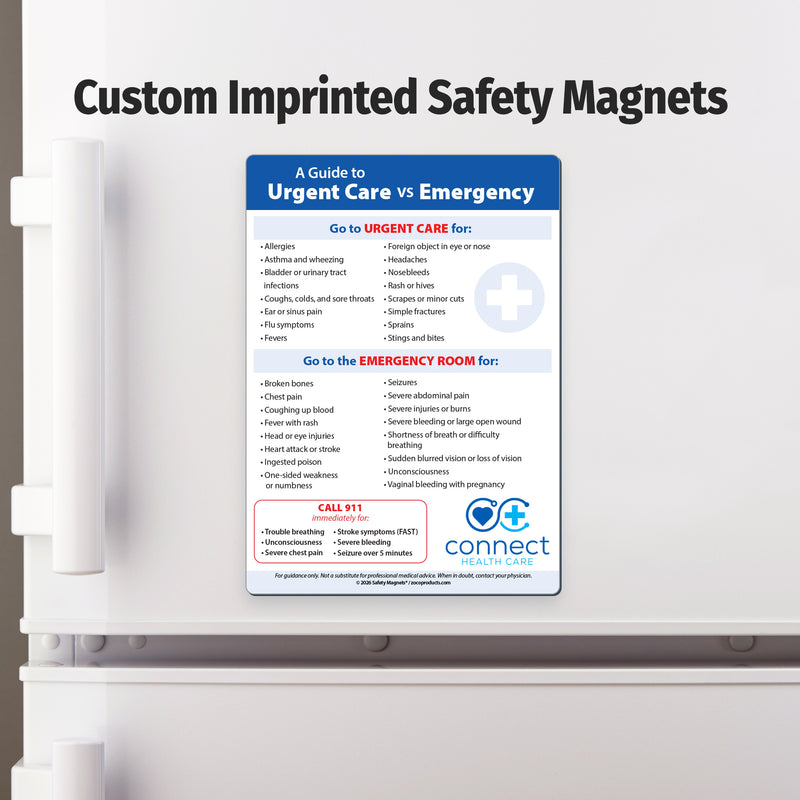 Custom urgent care vs ER magnet with organization logo and contact information.