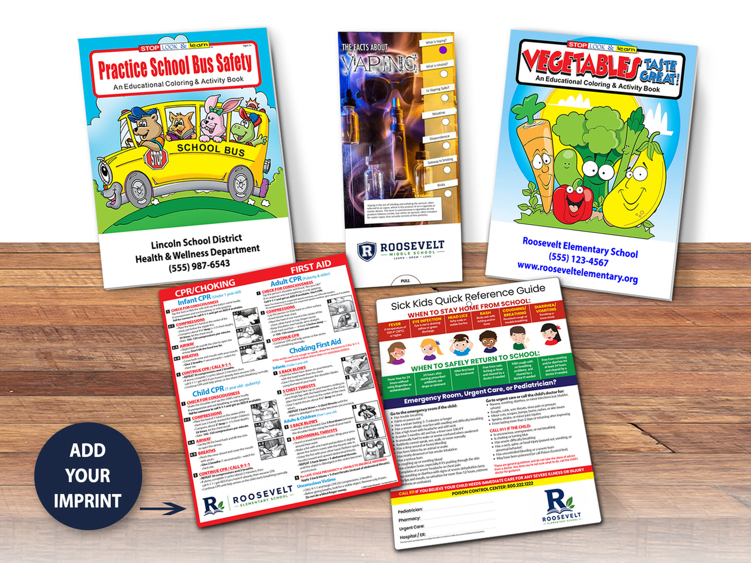 Many of our posters, coloring books, magnets, and quick reference cards can be customized with your school logo, contact information, or custom message.