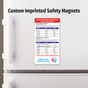 Custom imprinted safety magnet on a refrigerator door with dosage information.