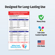 Dosing information sheet for acetaminophen and ibuprofen with branding and product features on a light blue background.