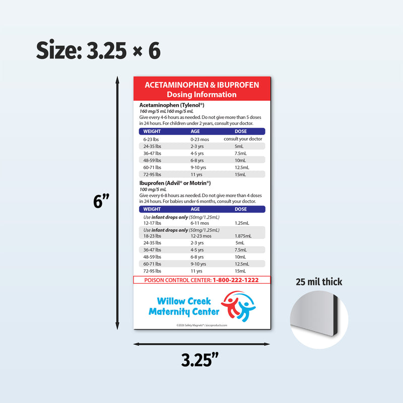 Medical reference magnet for acetaminophen and ibuprofen dosing with dimensions and thickness information.