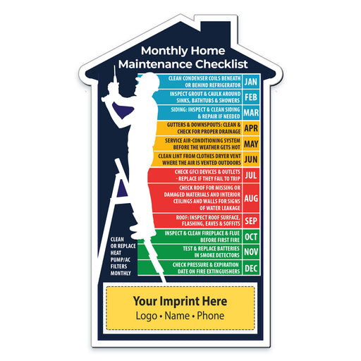 Monthly home maintenance checklist with a house icon and colorful sections for each month.