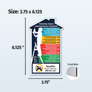 Monthly home maintenance checklist with dimensions and thickness on a light blue background