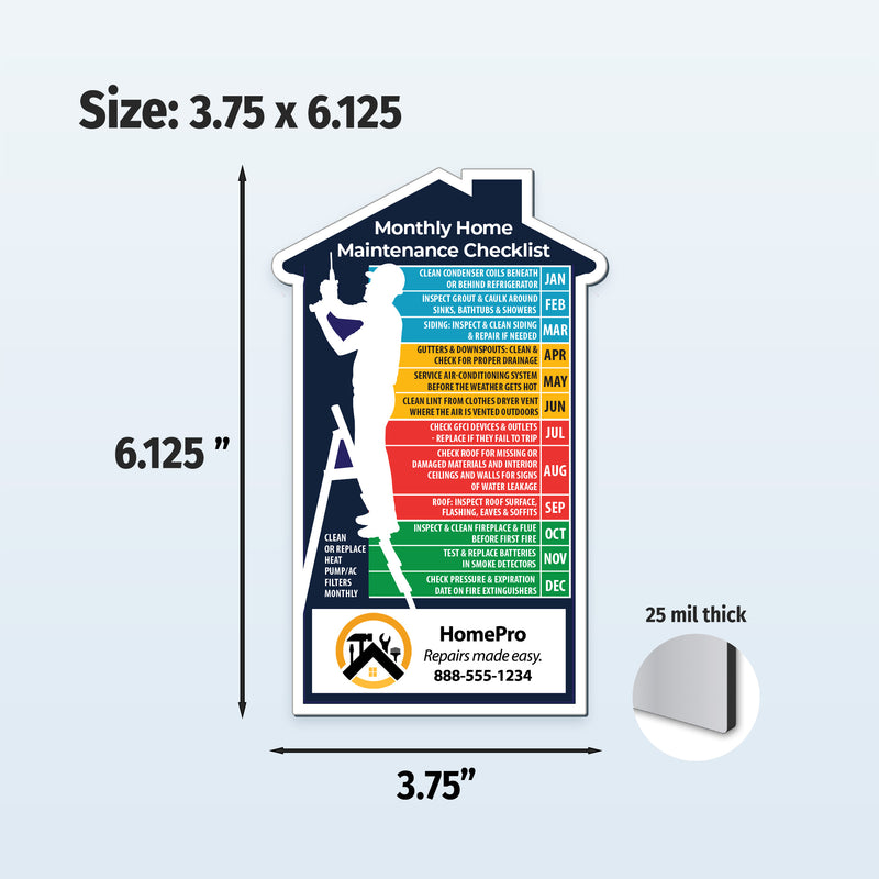 Monthly home maintenance checklist with dimensions and thickness on a light blue background
