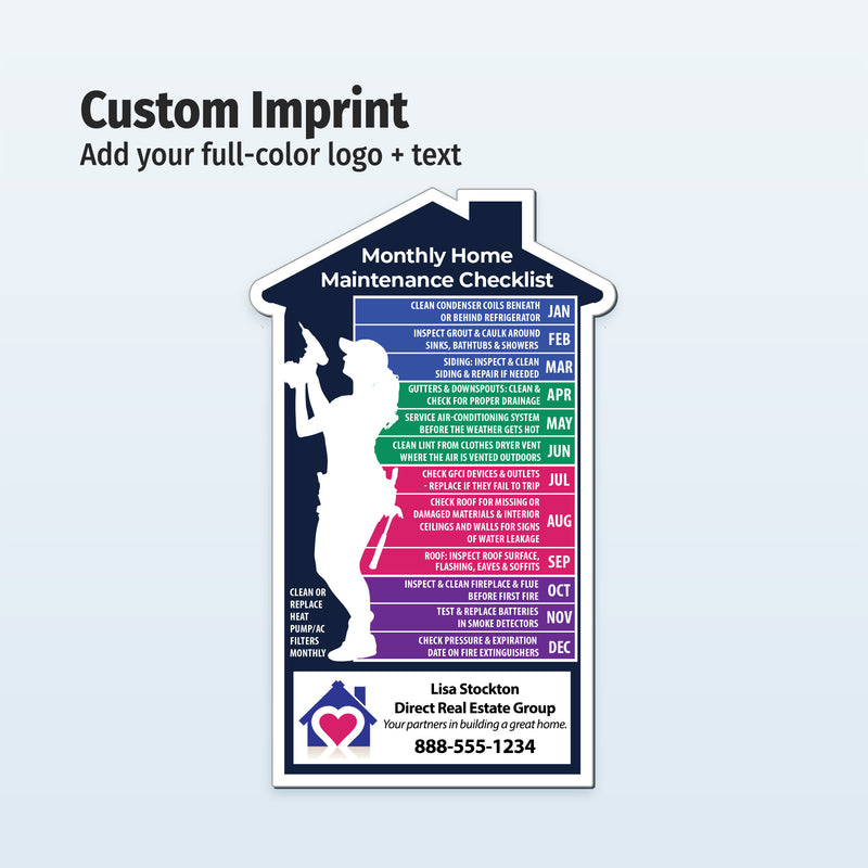Monthly home maintenance checklist with customizable branding on a light blue background