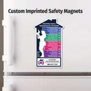 Custom imprinted safety magnet on a refrigerator with a home maintenance checklist.
