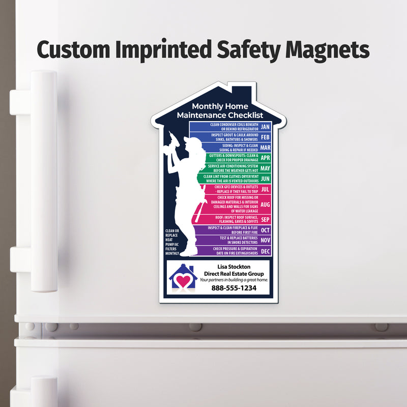 Custom imprinted safety magnet on a refrigerator with a home maintenance checklist.