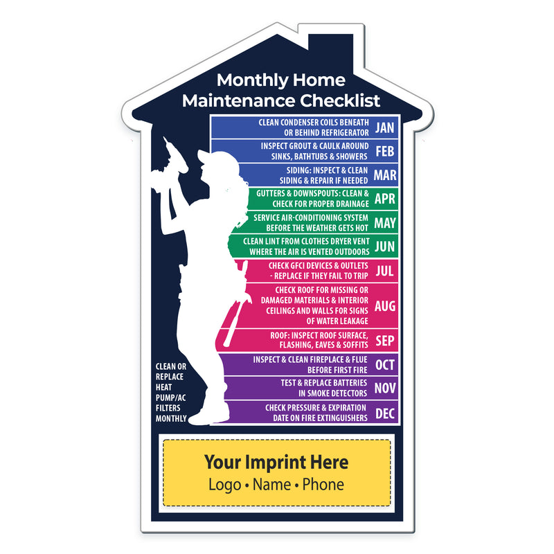 House-shaped monthly home maintenance checklist magnet with colorful sections and space for customization.