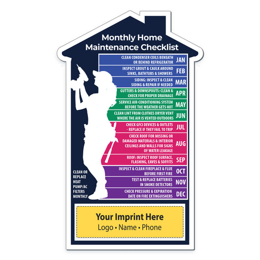 House-shaped monthly home maintenance checklist magnet with colorful sections and space for customization.
