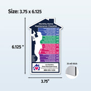 Monthly home maintenance checklist with dimensions and thickness on a light blue background