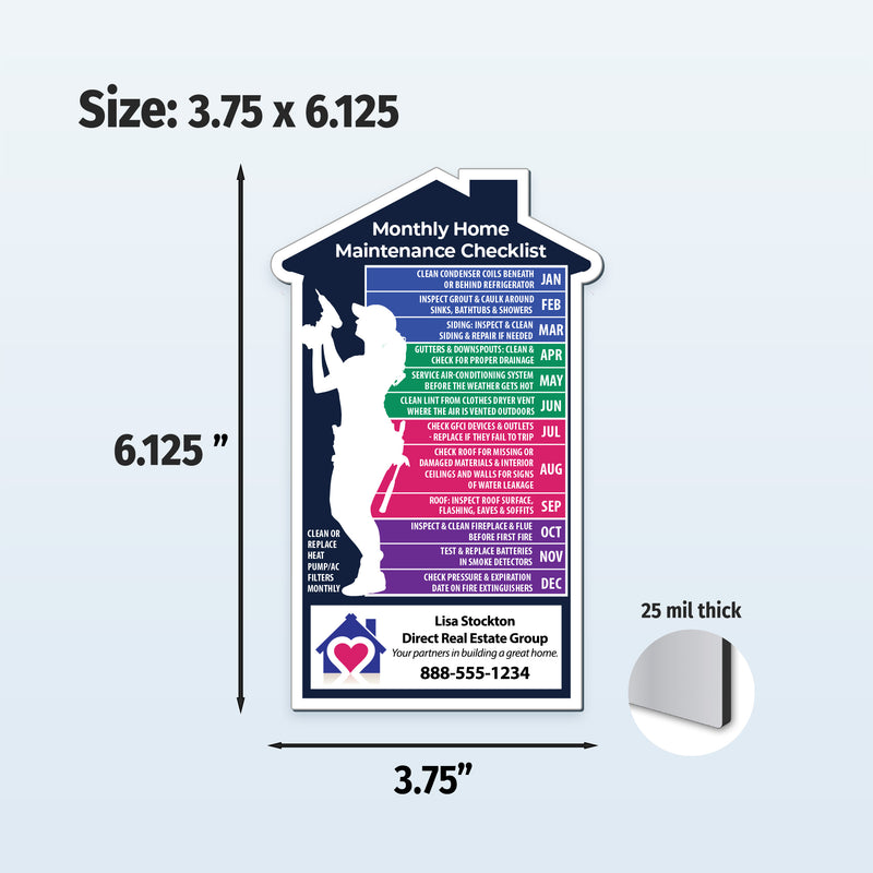 Monthly home maintenance checklist with dimensions and thickness on a light blue background