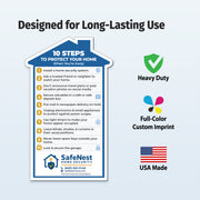 Close-up of 10 home security tips on custom house shaped magnet